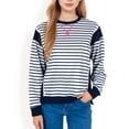 thumbnail image 1 of Women's Striped Crew Neck Sweatshirt with Contrast Sleeves - Large, Navy, 1 of 7