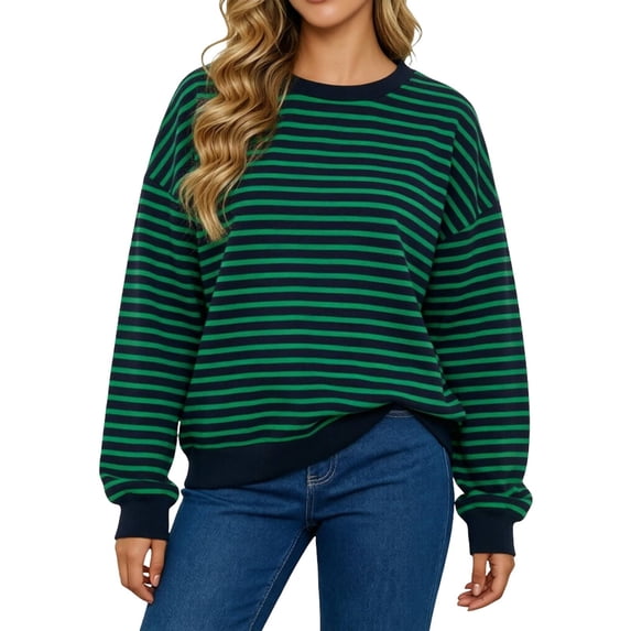 Women's Striped Crewneck Sweatshirt Oversized Long Sleeve Pullover Hoodless Casual Fall Top