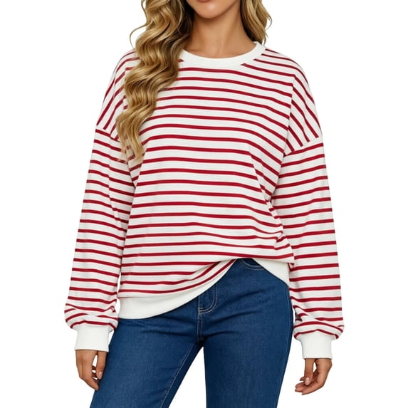 Women's Striped Crewneck Sweatshirt Oversized Long Sleeve Pullover Hoodless Casual Fall Top