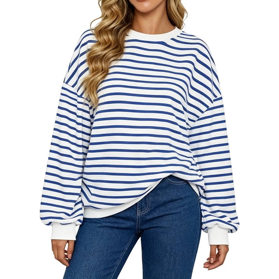 Women's Striped Crewneck Sweatshirt Oversized Long Sleeve Pullover Hoodless Casual Fall Top