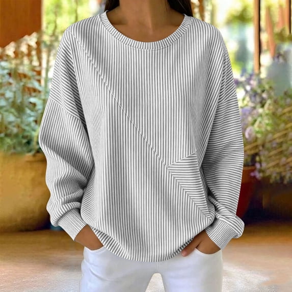 Women's Striped Crewneck Sweatshirt Oversized Long Sleeve Pullover Hoodless Tops Loose Casual Loungewear Gray S