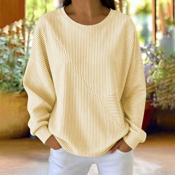Women's Striped Crewneck Sweatshirt Oversized Long Sleeve Pullover Hoodless Tops Loose Casual Loungewear Yellow S