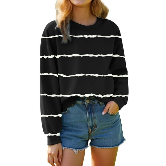 Women's Striped Crewneck Sweatshirt, Soft Breathable Polyester Long Sleeve Pullover Top with Relaxed Fit for Daily Casual Wear, Street Fashion and Outdoor Activities Black S