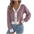 thumbnail image 1 of Women's Striped Cropped Cardigans Button Down Soft Fall Sweater Long Sleeve V Neck Knit Coat Fall Outfits Trendy Clothes Wine, M, 1 of 7