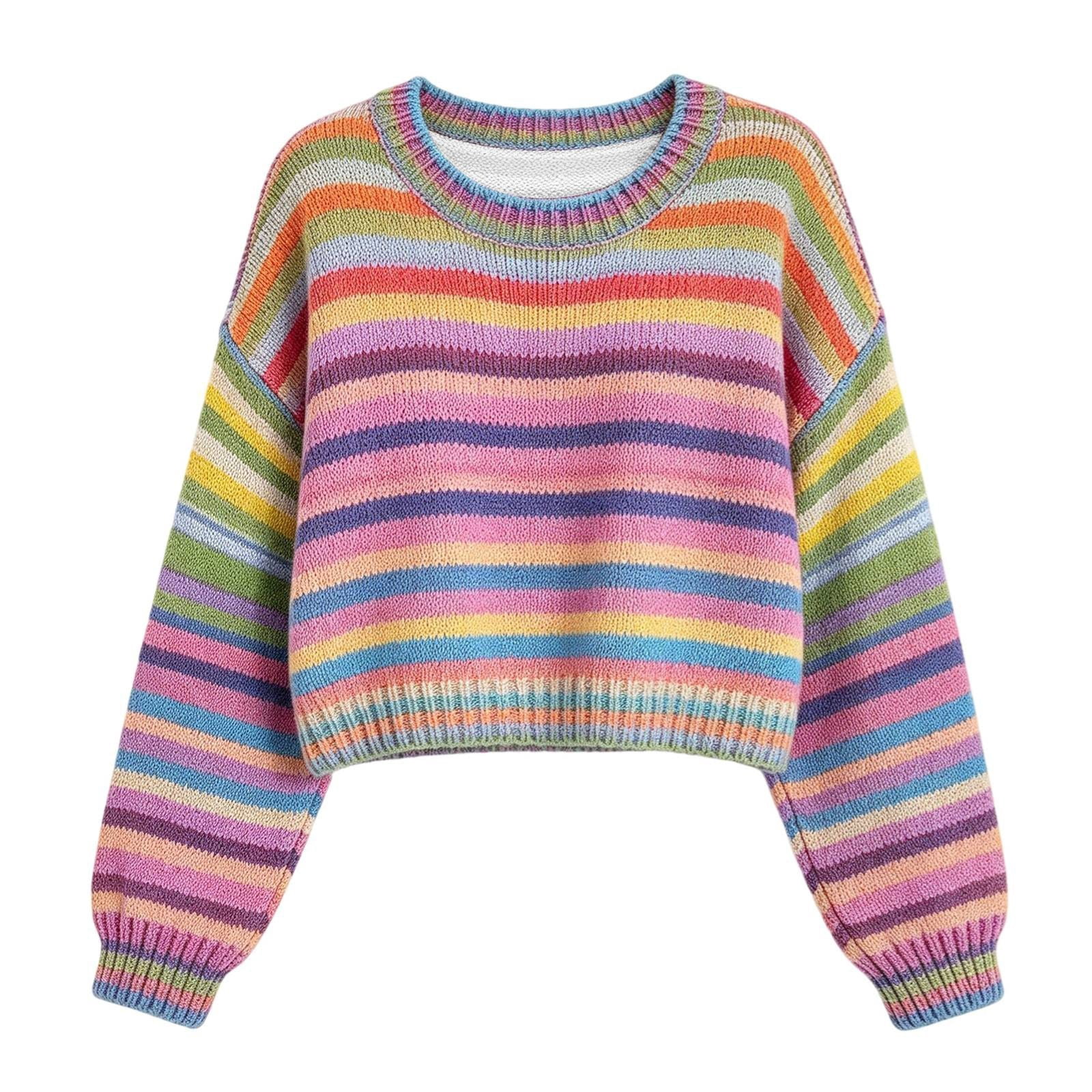 17 Sign Striped Women's Striped Cropped Knit Sweater Crew Neck Long Sleeve Pullover ...
