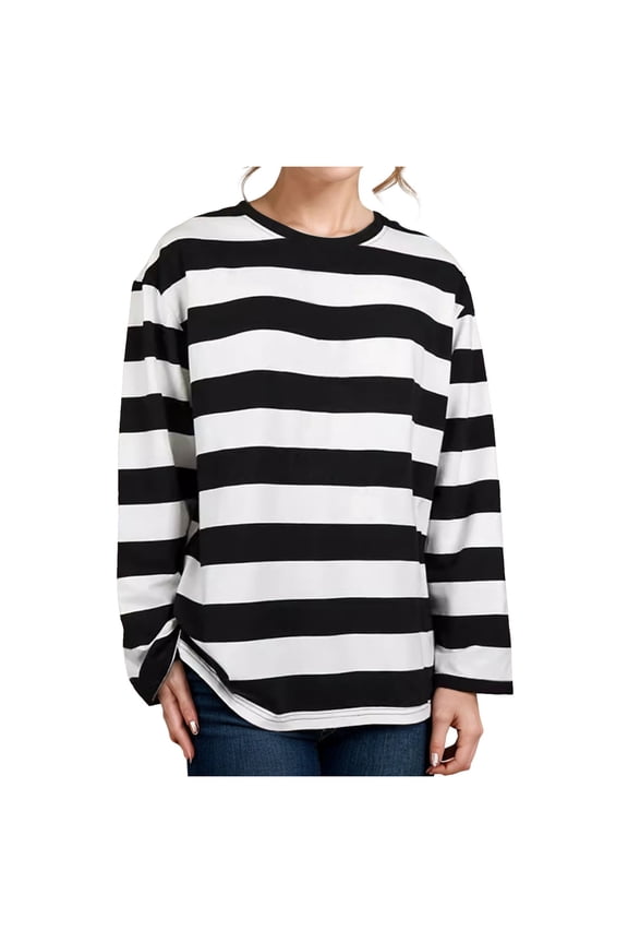 Women's Striped Distressed T Shirts Crewneck Long Sleeve Oversized Goth Tops Retro Baggy Fashion Y2K Tees