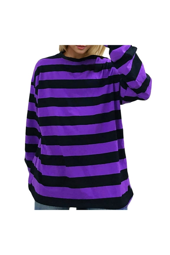 Women's Striped Distressed T Shirts Crewneck Long Sleeve Oversized Goth Tops Retro Baggy Fashion Y2K Tees
