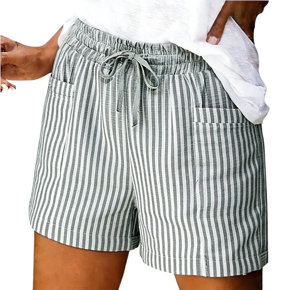 Women's Striped Drawstring Elastic Waist Straight Leg Casual Shorts, Relaxed Summer Shorts with Side Pockets for Vacation Daily Shopping Picnic L