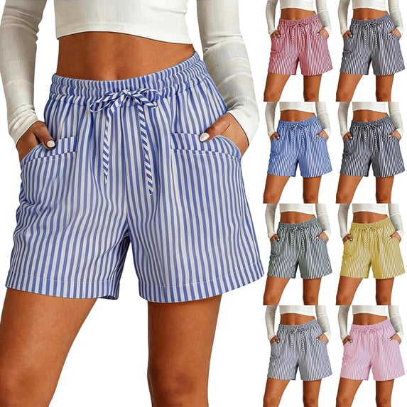 Women's Striped Drawstring High Waist Shorts, Tummy Control Elastic Waist with Functional Pockets, Soft Polyester Blend, Casual Summer Beach, Lounge, | TruHer,Pink L
