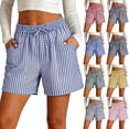 thumbnail image 1 of Women's Striped Drawstring High Waist Shorts, Tummy Control Elastic Waist with Functional Pockets, Soft Polyester Blend, Casual Summer Beach, Lounge, | TruHer,Red S, 1 of 8