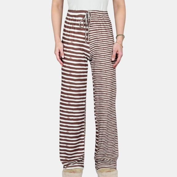 Women's Striped Drawstring Lounge Pants with Wide Leg and Soft Stretch Fabric - Small, Brown
