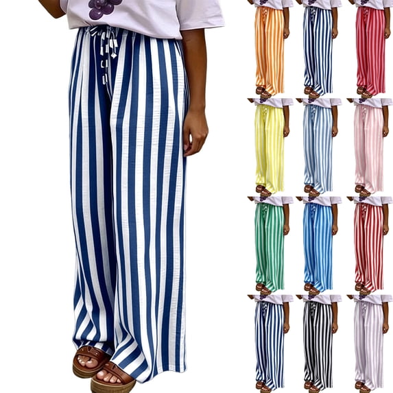 Women's Striped Drawstring Waist Pants Wide Leg Pants Casual Loose Fit Trousers Beach Vacation Outfits with Pockets,L