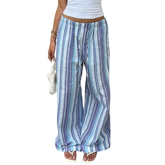 Women's Striped Elastic Waist Drawstring Loose Wide Leg Floor Length Casual Pants Blue XXL