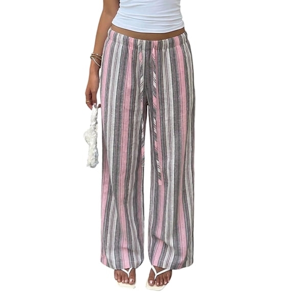 Women's Striped Elastic Waist Drawstring Loose Wide Leg Floor Length Casual Pants Gray Striped L