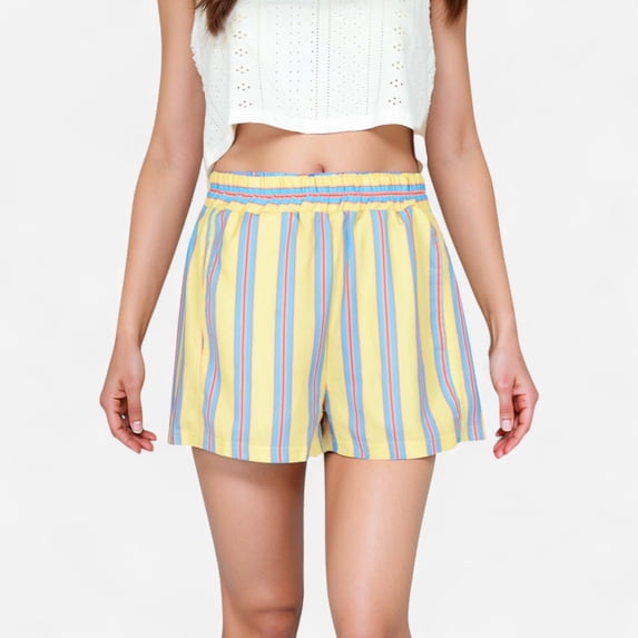Women's Striped Elastic Waist Lounge Shorts with Relaxed Fit and Side Pockets - Medium, Yellow
