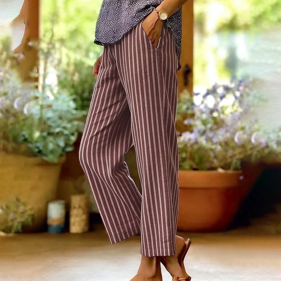 Women's Striped Elastic Waist Straight Leg Pants, Loose Casual Cotton Linen Long Trousers with Pockets, Summer Casual Striped Pants for Daily Vacation Wear 05-Wine L