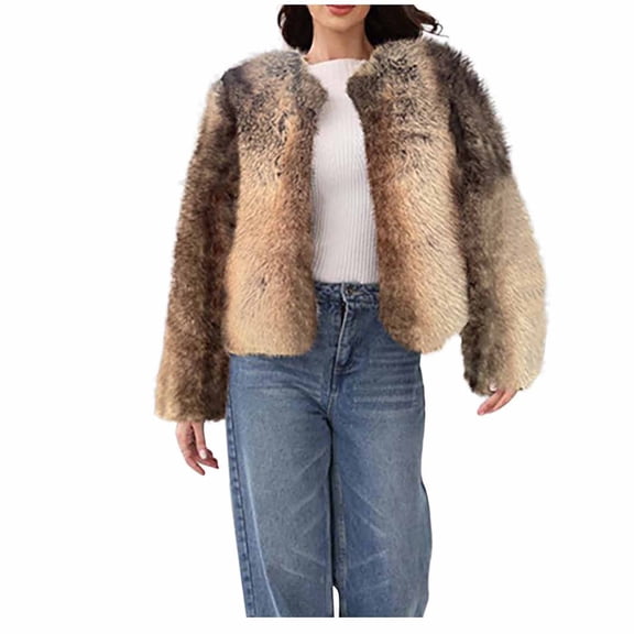 Women's Striped Faux Fur Jacket Loose-Fit Button-Down Jacket Shaggy Cardigan Khaki 3XL