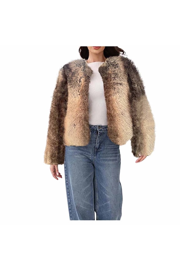 Women's Striped Faux Fur Jacket Loose-Fit Button-Down Jacket Shaggy Cardigan Khaki S