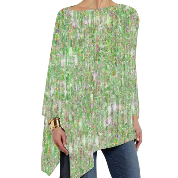 Women's Striped Fine Glitter Print Casual Loose Round Neck Long Sleeve Top Green