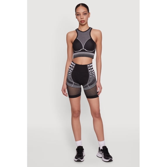 Women's Striped Fishnet Detail Seamless Biker Shorts