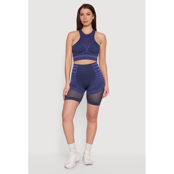 Women's Striped Fishnet Detail Seamless Biker Shorts
