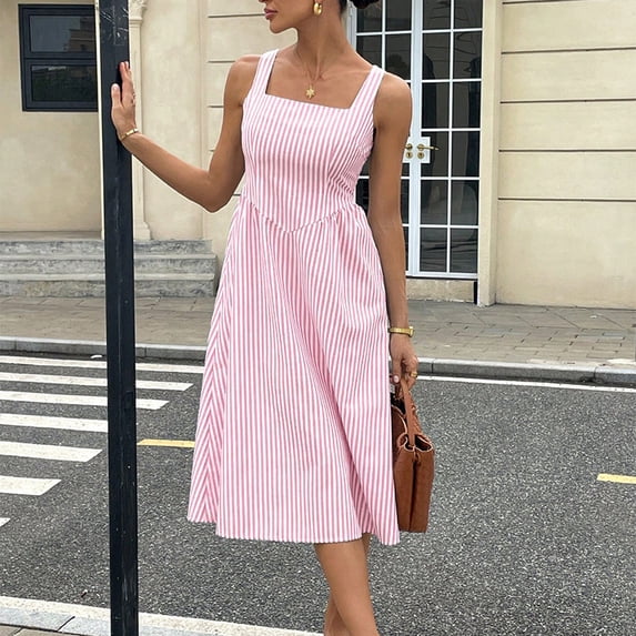 Women's Striped Fit and Flare Dress, Casual Short Sleeve Midi Dress, Classic Breton Dress for Nautical Style or Leisure, Pink - M