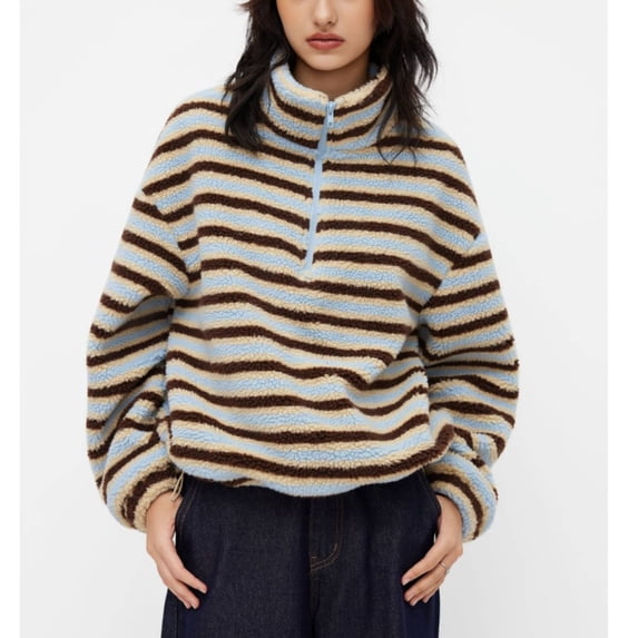 Women's Striped Fleece Jacket Half Zip Sherpa Pullover Trendy Oversized Warm Fuzzy Sweatshirt