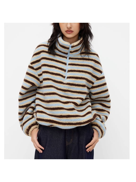 Women's Striped Fleece Jacket Half Zip Sherpa Pullover Trendy Oversized Warm Fuzzy Sweatshirt
