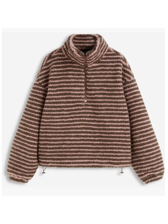 Women's Striped Fleece Jacket Half Zip Sherpa Pullover Trendy Oversized Warm Fuzzy Sweatshirt