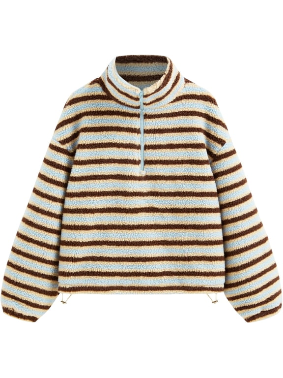 Women's Striped Fleece Jacket with Plush Sherpa Lining Oversized Stand Collar Half Zip Sweatshirt Cozy Lounge Wear & Casual Winter Outdoor
