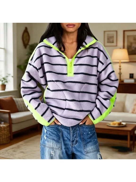 Women's Striped Fleece Sweatshirt,Quarter Zip Pullover Winter Warm Jacket,Y2K Trendy Loose Fit Stand Collar Top with Side Pockets,Soft Skin-Friendly 2026 Casual Outerwear for Women Purple L