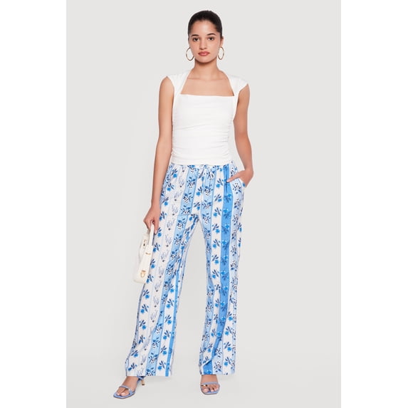 Women's Striped Floral Print Wide Leg Casual Pants