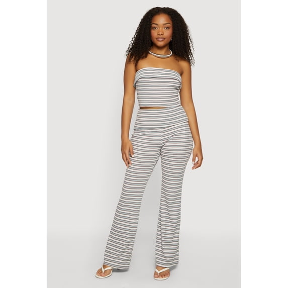 Women's Striped Fold Over Waist Textured Knit Pants