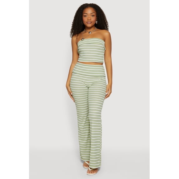 Women's Striped Fold Over Waist Textured Knit Pants