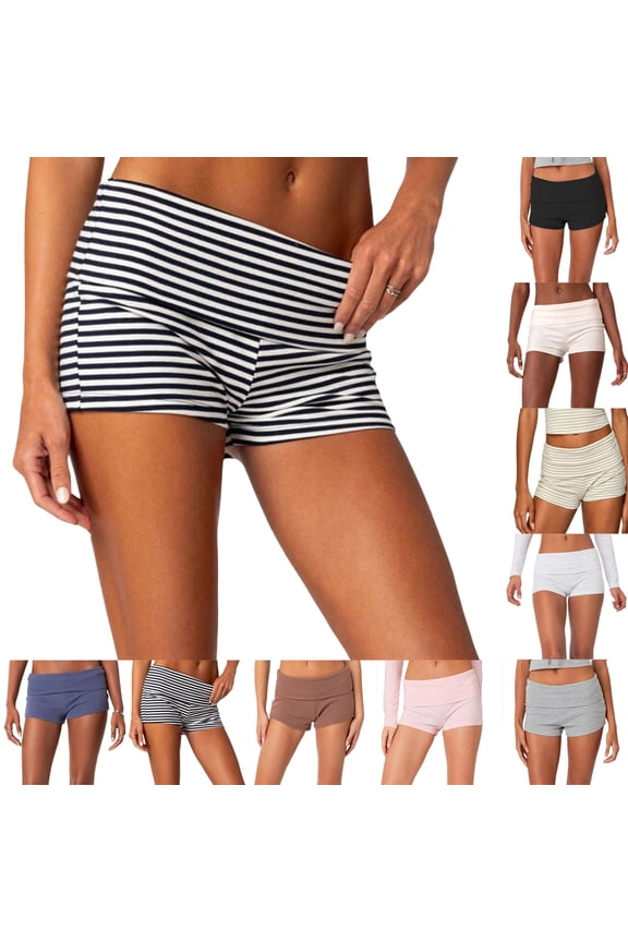 Women's Striped Foldover Shorts Micro Mini Short Low Rise Sleep Shorts Fold Over Lounge Pajama Bottoms Dark Gray S