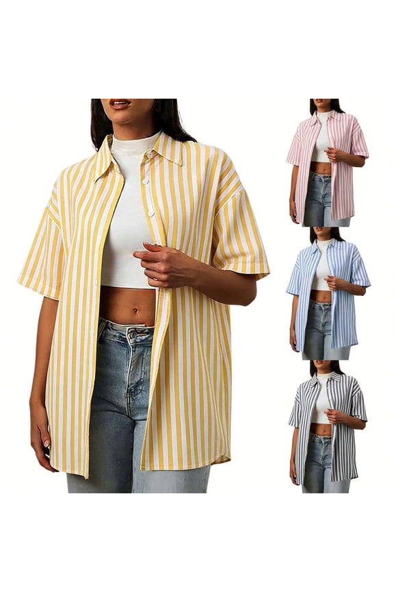 Women's Striped Formal Attire Short Sleeve Shirt Blouse Top Business Casual Office Wear Professional Workwear Summer Fashion | CSEONE,Black L