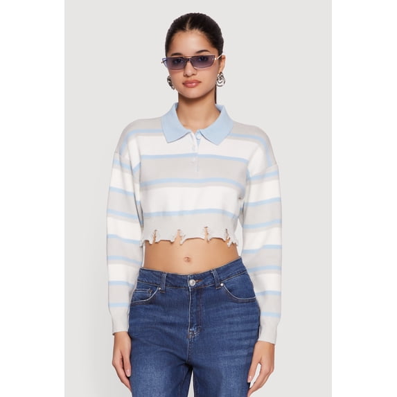 Women's Striped Frayed Hem Cropped Polo Sweater