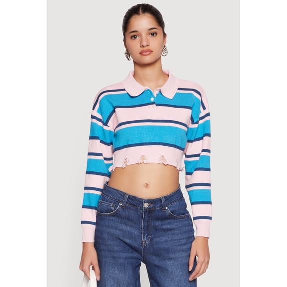 Women's Striped Frayed Hem Cropped Polo Sweater