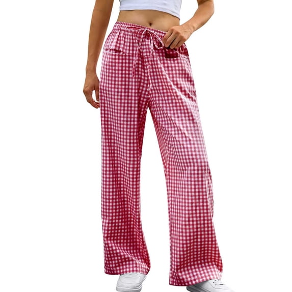 Women's Striped Gingham Pants Elastic Waist Drawstring Fashion Plaid Wide Leg Pants Cute Casual Trousers with Pockets