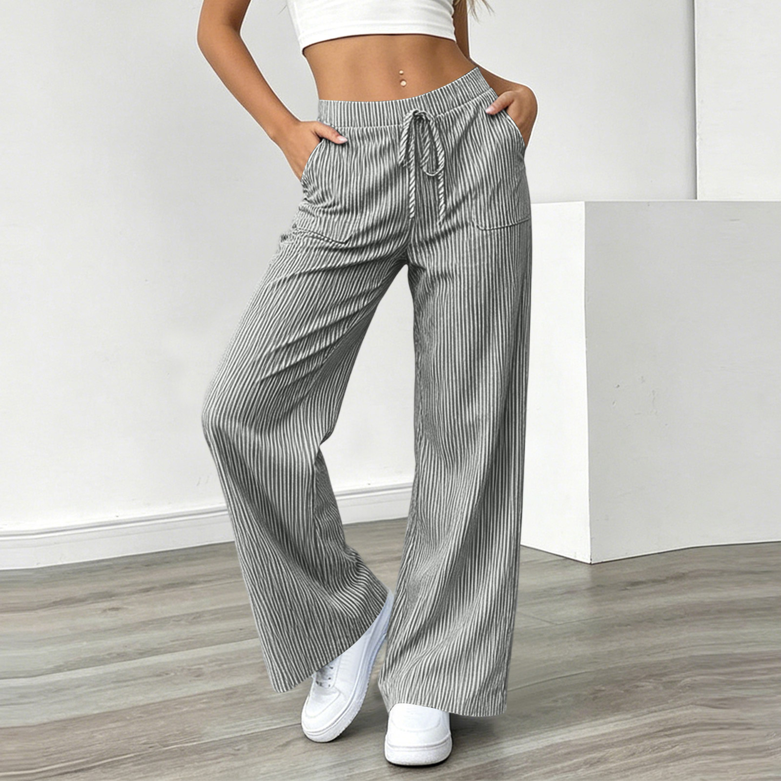 Women's Striped Gingham Pants Plaid Pajama Pull on Lounge Boxer Pants Drawstring Pj Bottoms Wide Leg Trousers with Pocket Black 2XL
