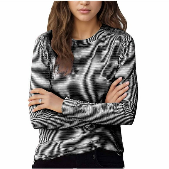Women's Striped Half-High Collar Long-Sleeved Tops, Round-Necked Loose Tops, Fall and Winter Undershirts