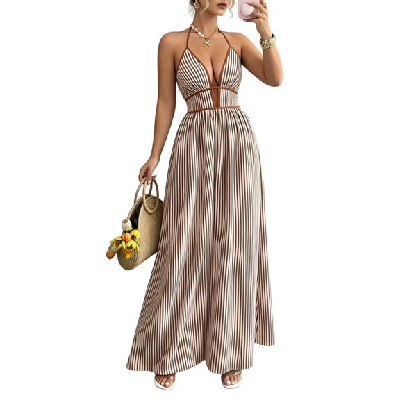 Women's Striped Halter Maxi Dress Backless Smocked Beach Vacation Boho Dress Khaki S