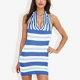 thumbnail image 1 of Women's Striped Halter Neck Knit Dress With V-Neckline- Large, Blue, 1 of 6