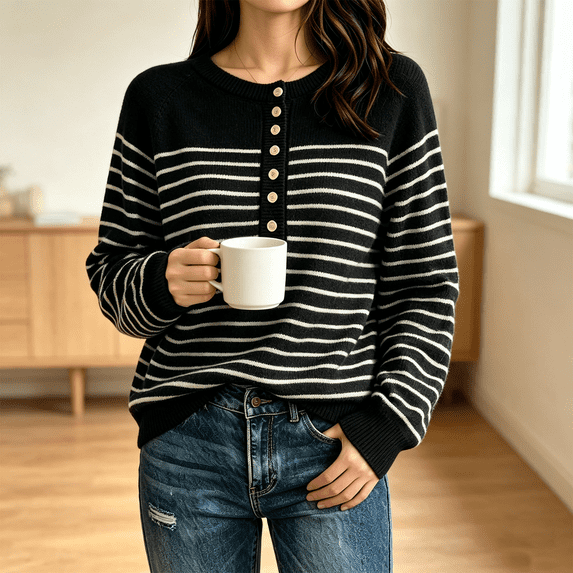 Women's Striped Henley Knit Sweater Long Sleeve Button Crew Neck Pullover Top, L