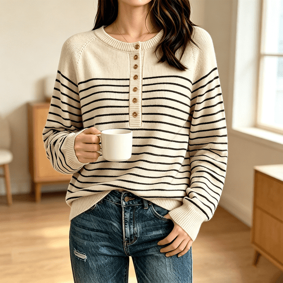 Women's Striped Henley Knit Sweater Long Sleeve Button Crew Neck Pullover Top, M