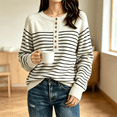 thumbnail image 1 of Women's Striped Henley Knit Sweater Long Sleeve Button Crew Neck Pullover Top, M, 1 of 4