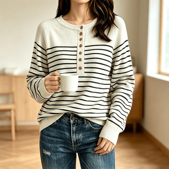 Women's Striped Henley Knit Sweater Long Sleeve Button Crew Neck Pullover Top, M