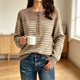 thumbnail image 1 of Women's Striped Henley Knit Sweater Long Sleeve Button Crew Neck Pullover Top, XL, 1 of 4