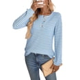 thumbnail image 1 of Women's Striped Henley Long Sleeve Top, Button Neck Loose Knit T-Shirt for Casual Workday Layering, 1 of 1