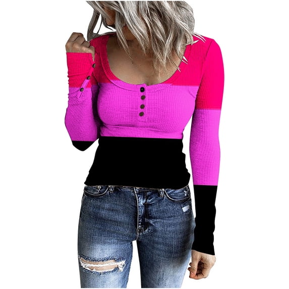 Women's Striped Henley Tops Long Sleeve Button Down Slim Fit T Shirts Scoop Neck Ribbed Knit Basic Casual Shirts Outfits (3XL, Hot Pink)